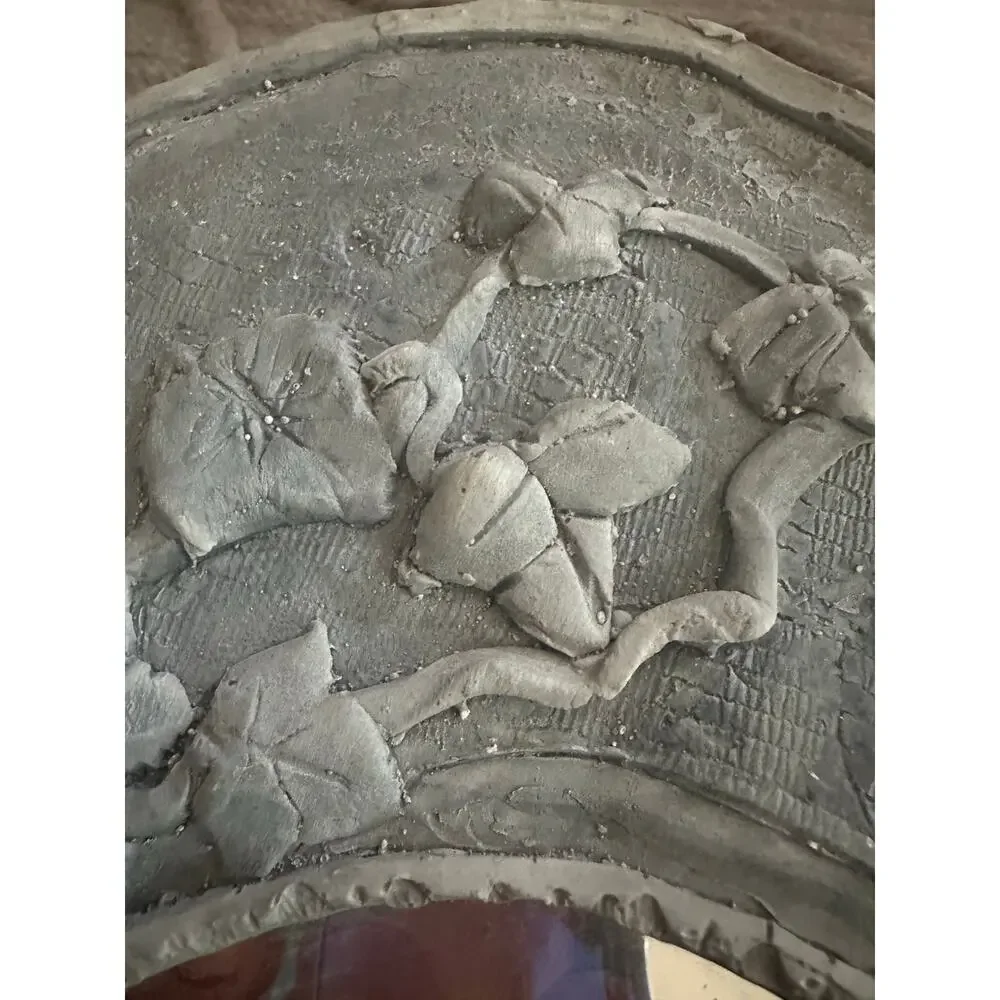 Vintage Pottery Mirror wall hanging hand made birds distressed heavy gray decor